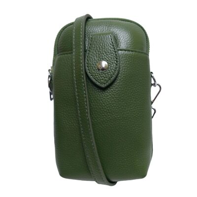 Funda de piel para móvil grande color verde oliva con correa de piel