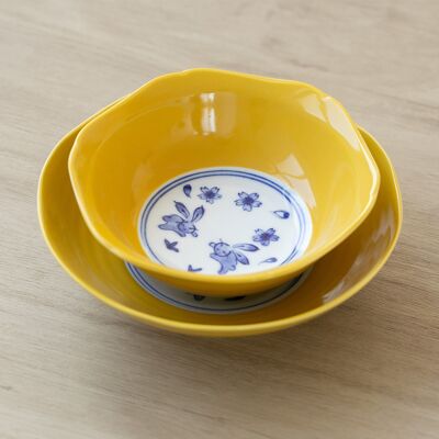 Arita ceramic tableware with rabbit and cherry blossom patterns