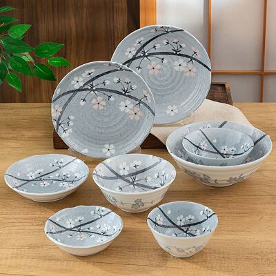 Light Grey Ceramic Dinnerware with Cherry Blossom Pattern by Yutani