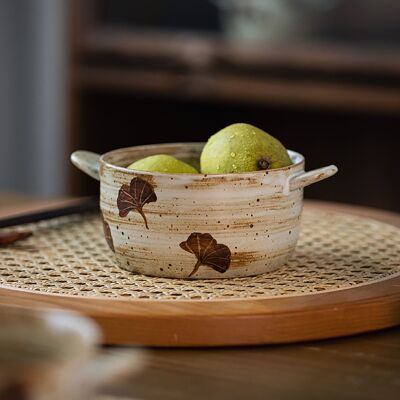 Two-handled stoneware bowl in minimalist retro style