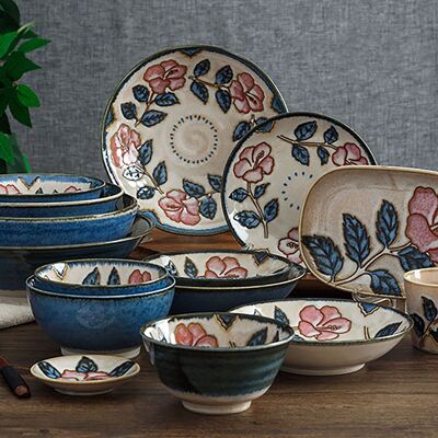 Vintage red ceramic tableware with Okinawa rose pattern