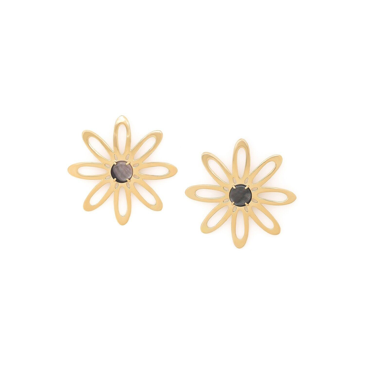BLOOM   boucles d'oreilles poussoir grosse fleur dorée & cabochon nacre noire