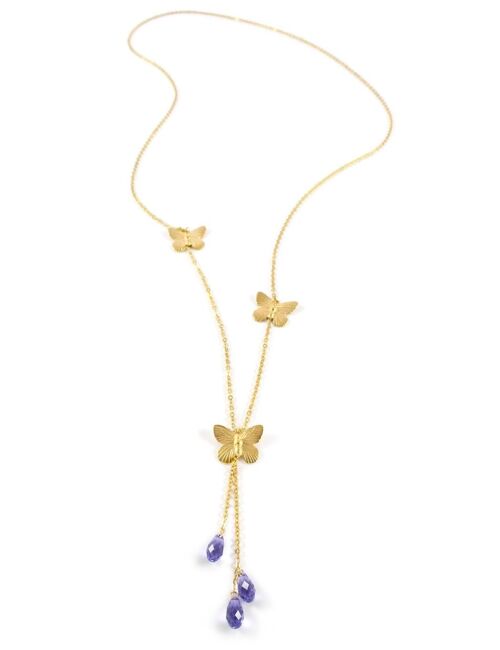 Gold butterfly wrap necklace with Tanzanite drops
