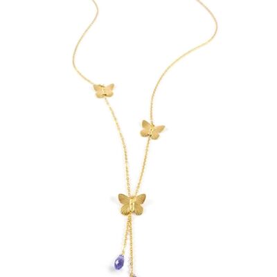 Gold butterfly wrap necklace with Tanzanite drops