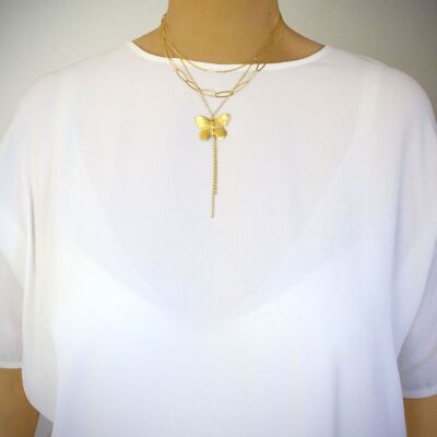Short triple chain gold butterfly necklace
