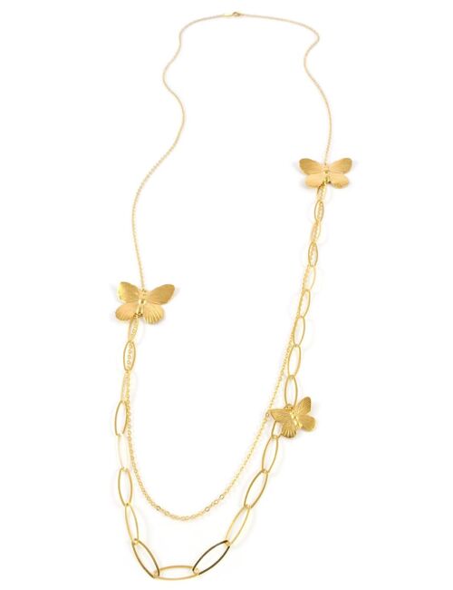Long double chain gold butterfly necklace