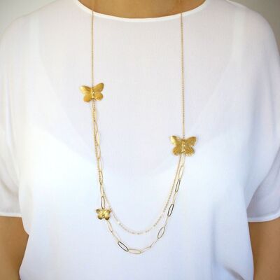 Collier double chaîne plaqué or 18 carats avec papillons