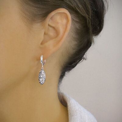 Silver hoop earrings with grey crystal pavé drops