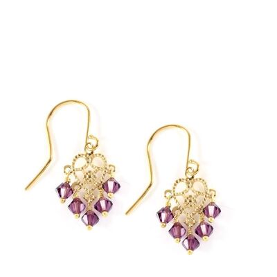 Gold heart filigree earrings with amethyst crystals