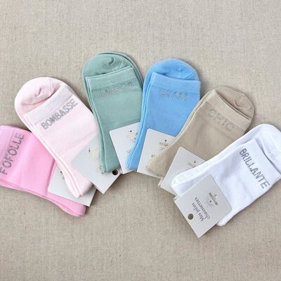 CHAUSSETTES COTON À STRASS "FOFOLLE, BOMBASSE ETC" (LOT✖️6)
