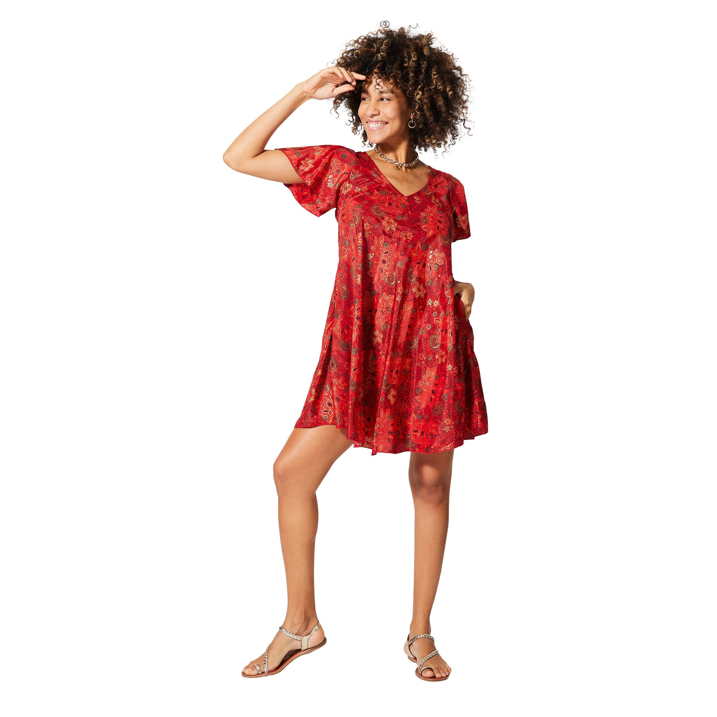 LITTLE RED SHORT-SLEEVED SUMMER DRESS WITH GOLD PATTERNS RLIP2006L