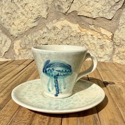 SERVICE EN CÉRAMIQUE FAIT MAIN (TASSE + ASSIETTE) MÉDUSE BLEUE
