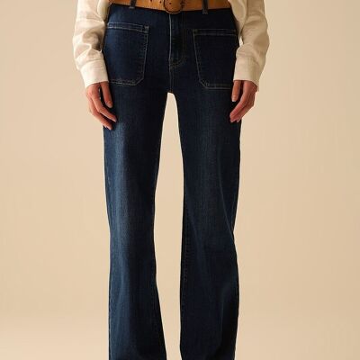 Dark wash jeans with wide leg and pockets