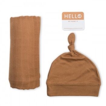 Lulujo Hello World Swaddle & Hat - Tan 3