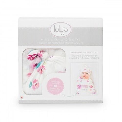 Lulujo Hello World Swaddle & Hat - Posies