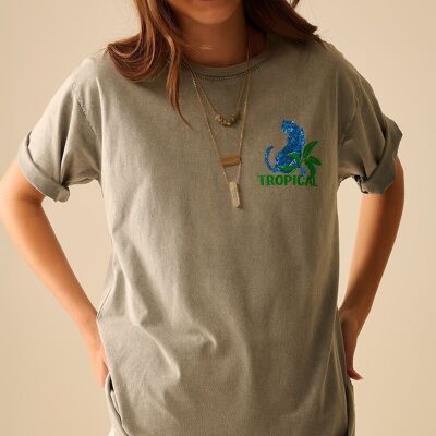 Grey t-shirt made in Italy with tropical graphic print