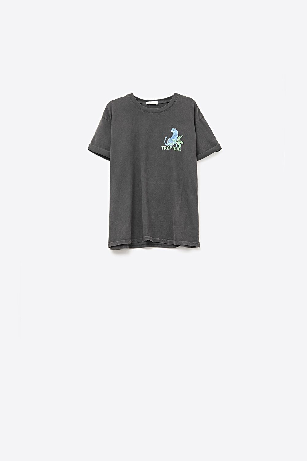 T-shirt nera made in Italy con stampa grafica tropicale