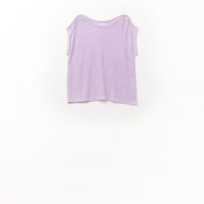 Maglione in rete lilla con scollo a barca e maniche scese