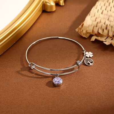 Pulsera ajustable de plata con gotas de trébol y diamantes de imitación morados.