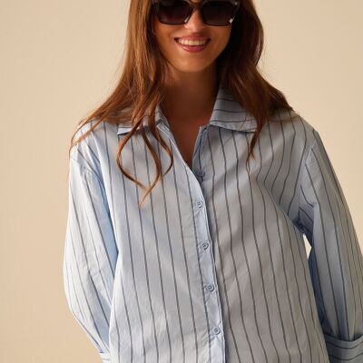 camicia in popeline a righe blu corta