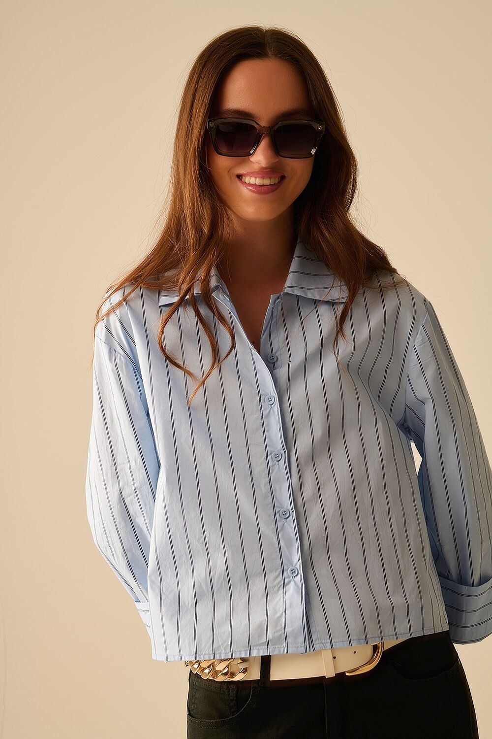camicia in popeline a righe blu corta