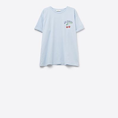 Blue T-shirt with La Cerise Market Saint-Tropez graphic