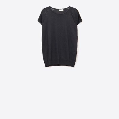 Maglione a maniche corte a coste nere con maglia a rete sulla spalla