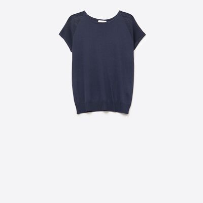 Pull bleu marine à manches courtes avec maille tricotée sur l'épaule