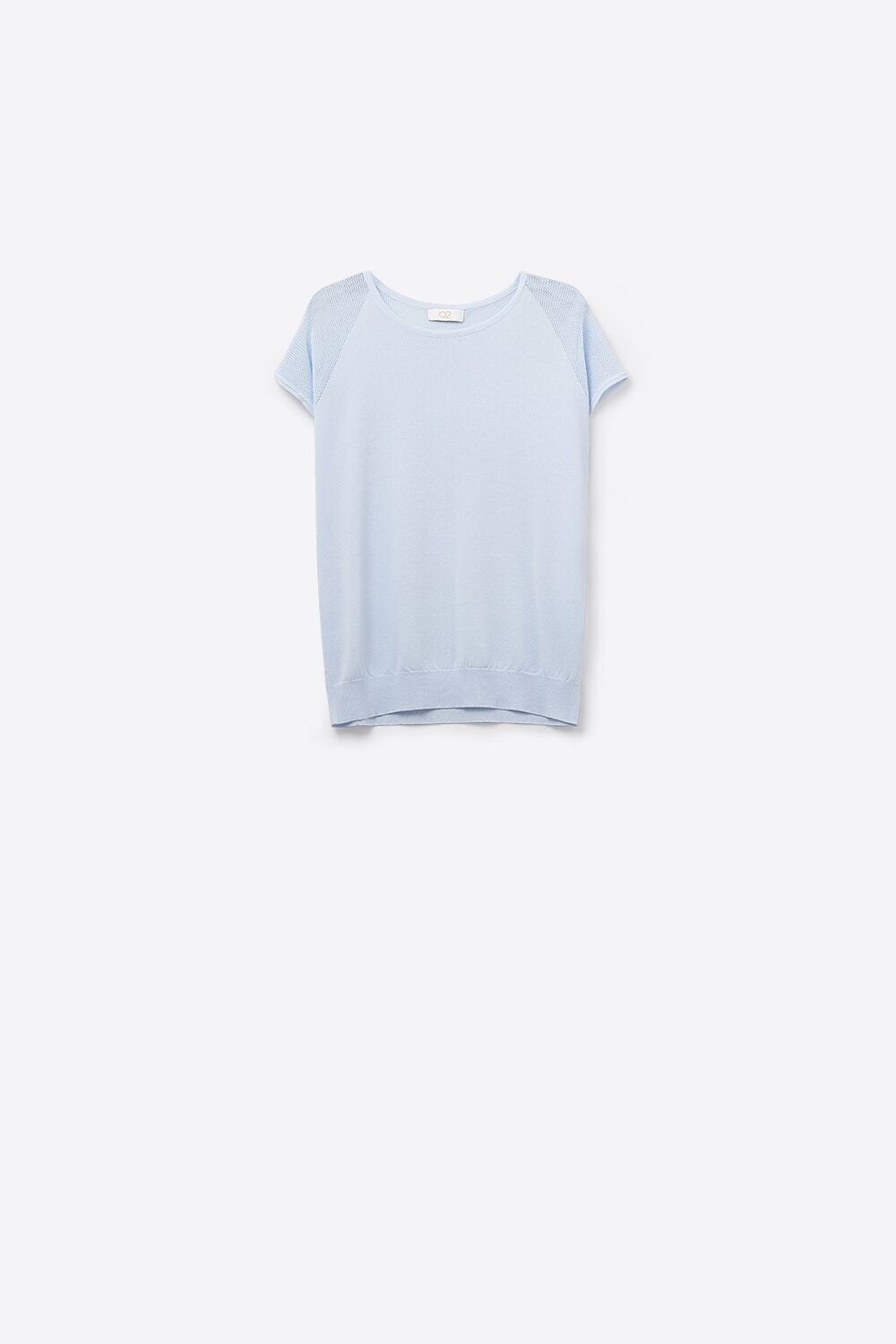 Maglione a maniche corte azzurro con maglia a rete sulla spalla