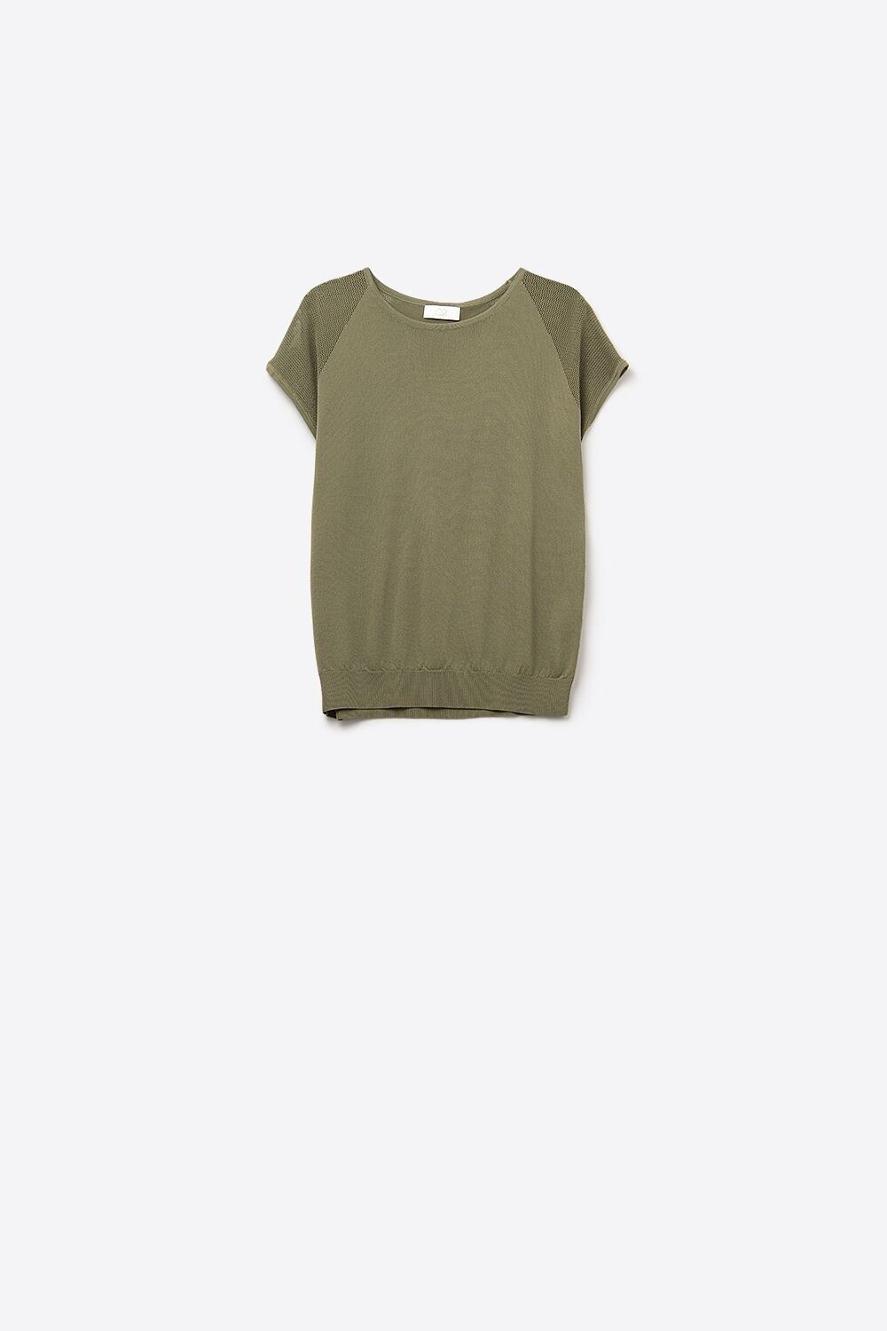 Maglione a maniche corte color cachi con maglia a rete sulla spalla