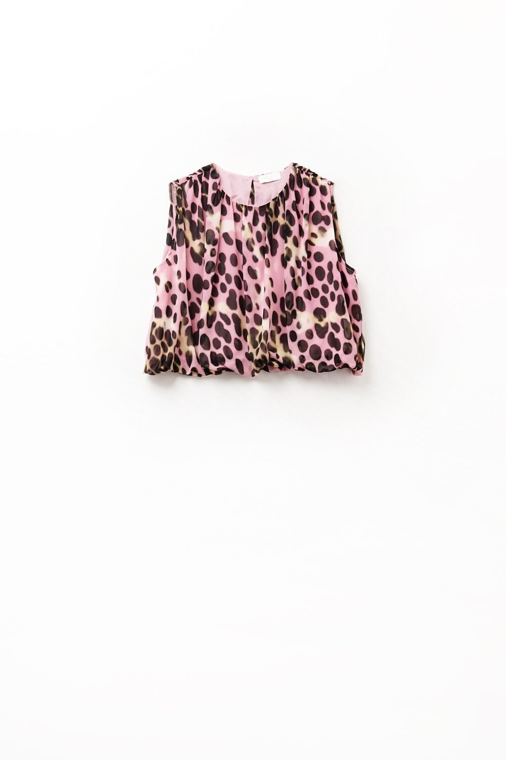 Top corto plissettato con stampa animalier in rosa e marrone