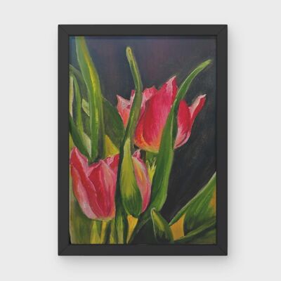 Deux tulipes rouges, peinture florale originale sur toile, œuvre d'art murale faite à la main, peinture à l'huile sur tulipe rouge