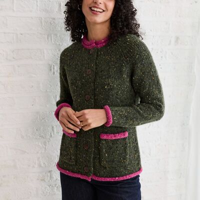 Cardigan Glenariff Raglan en tweed Donegal pour femme - Vert/Rose
