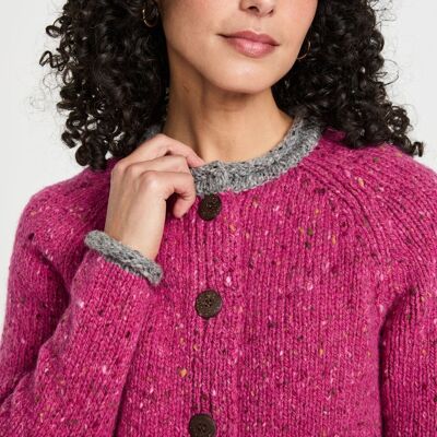 Cardigan raglan en tweed Donegal pour femme Glenariff - Rose/Gris