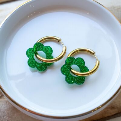 Boucles d'oreilles acier inoxydable - Fleurs vertes à paillettes