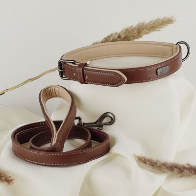 Conjunto de collar y correa ne&no® – cuero vegano – para perros pequeños y grandes MARRÓN + BEIGE