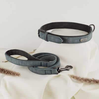 Conjunto de collar y correa ne&no® – cuero vegano – para perros pequeños y grandes AZUL GRIS + GRIS ANTRACITA