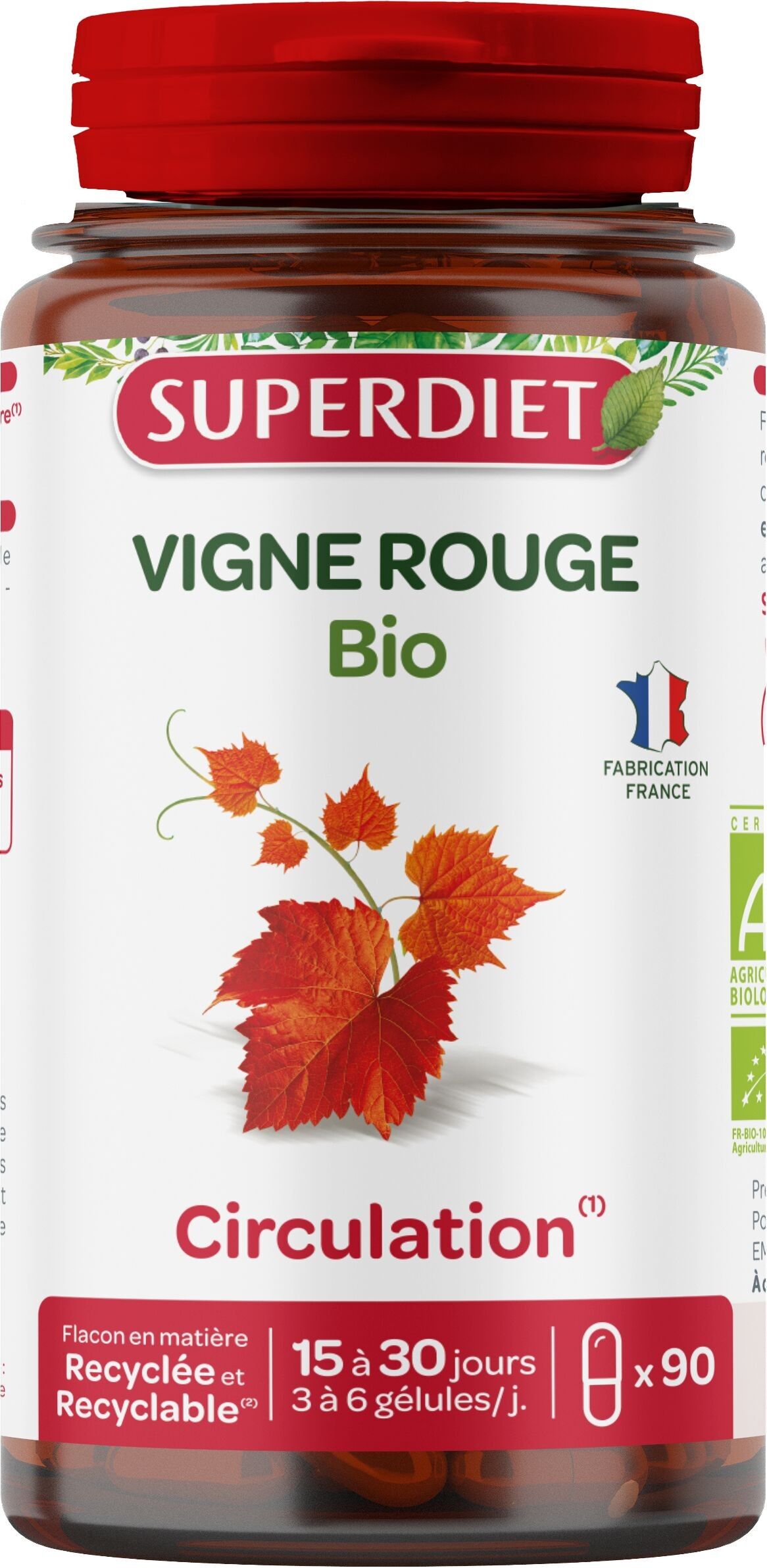 SUPERDIET - BIO-ROTWEIN - Durchblutung und leichte Beine - Hergestellt in Frankreich - 90 Kapseln