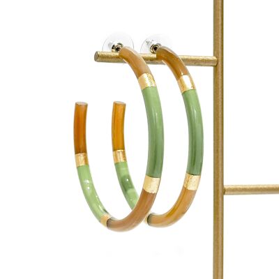 Créoles en corne véritable et feuilles d'or - Vert