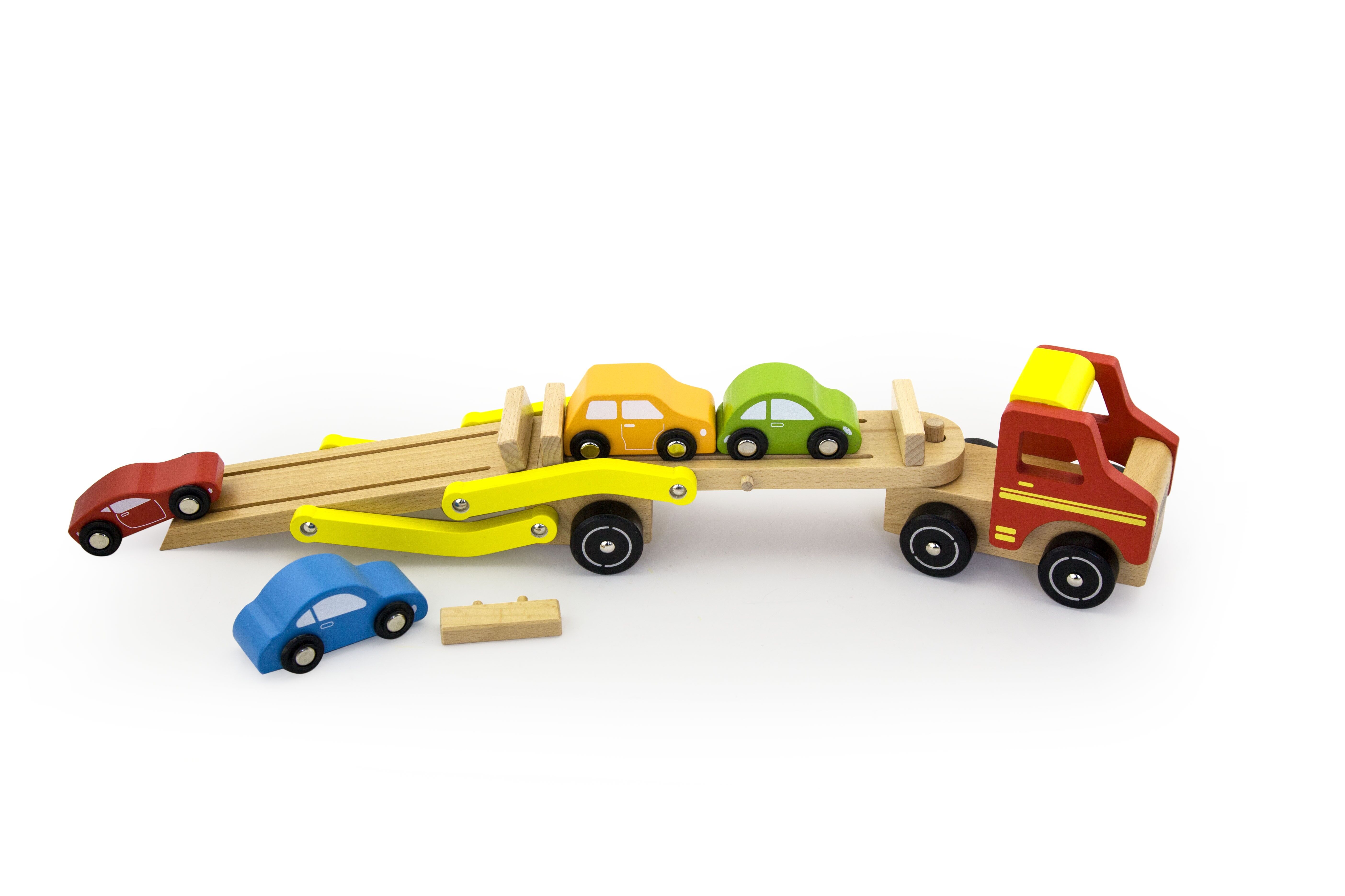 Red FSC wooden car transporter truck
