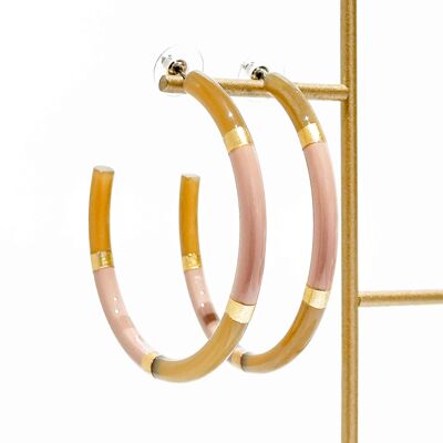 Pendientes de aro de cuerno auténtico y hoja de oro - Rosa empolvado