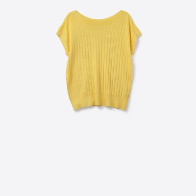 Pull en maille côtelée fine jaune à col bateau