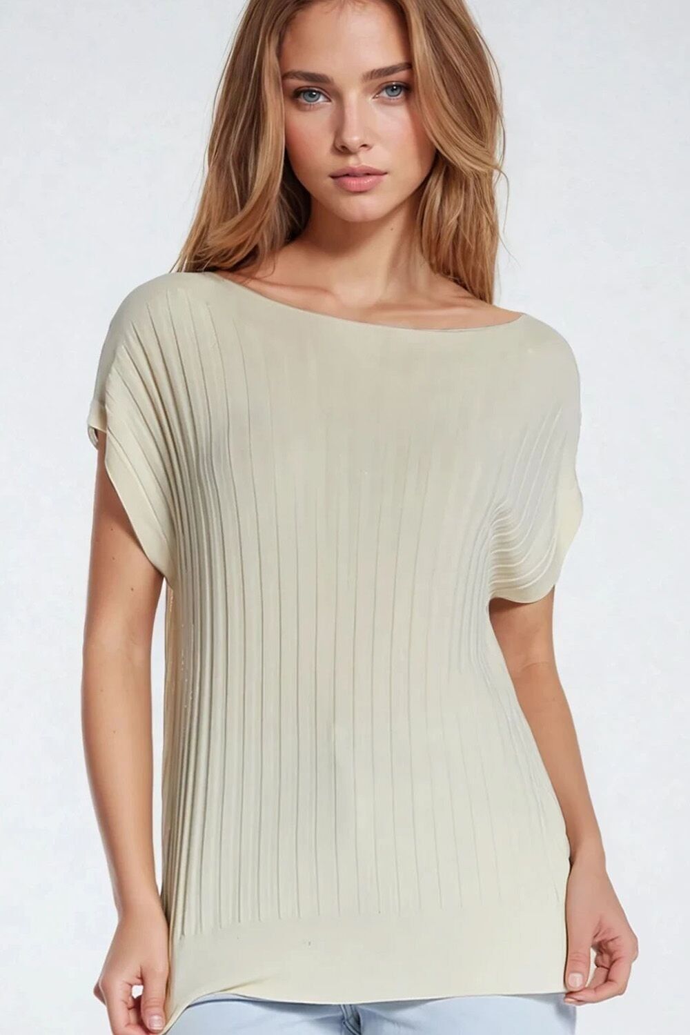 Beige fine Rib knitted Sweater with boat neck