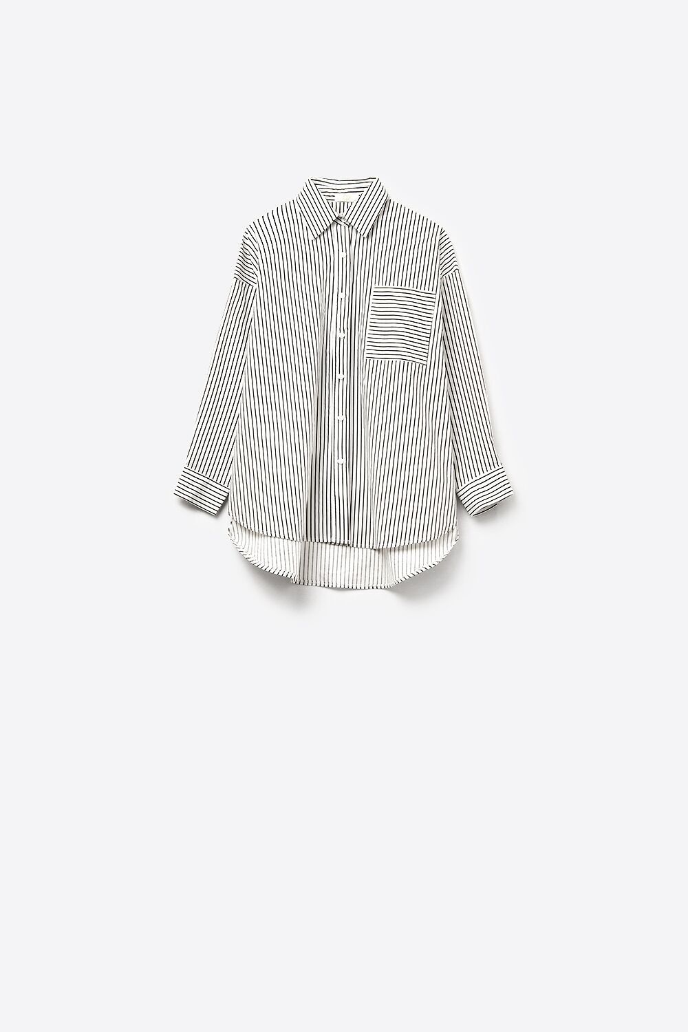 High-Low Oversized Striped Shirt With Chest Pocket in Black and White