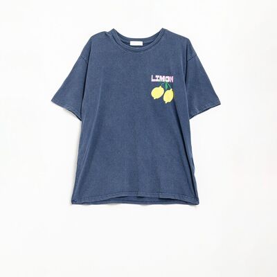 Camiseta azul marino relajada con estampado de limones