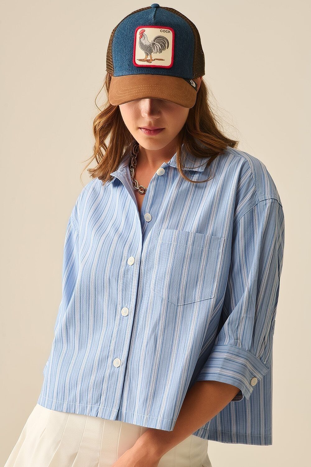 Relaxed fit Cropped Striped Shirt in Blue