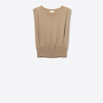 Top in maglia senza maniche con spalle drappeggiate color cammello