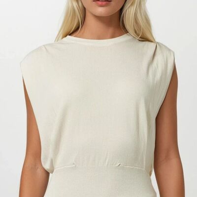 Sleeveless Knited Top With Shoulder Drape in Beige