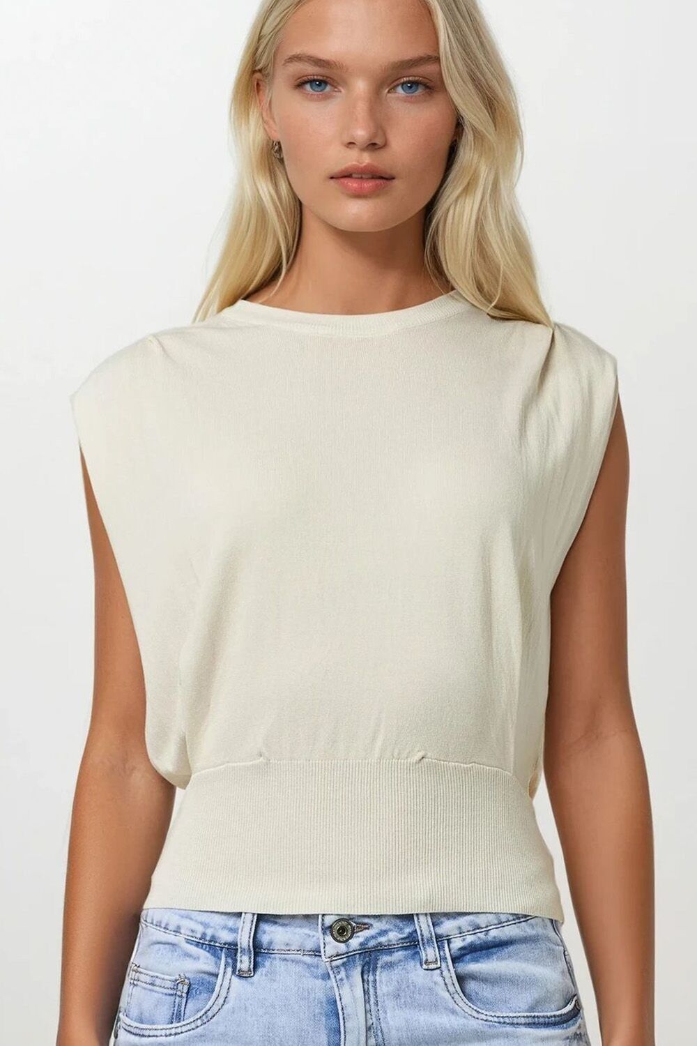Sleeveless Knited Top With Shoulder Drape in Beige