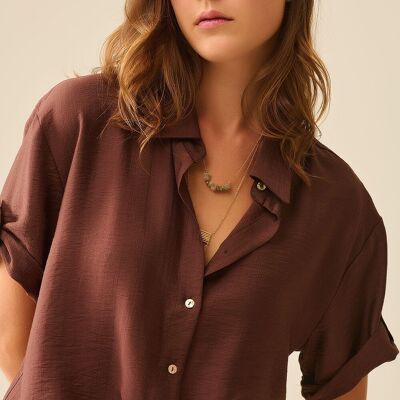 Chocolate Brown shirt with short sleeves and pleat on the sleeve